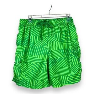 BOYS LARGE OKANU GREEN SWIM TRUNKS SHORTS MESH LINER ELASTIC WAIST BEACH